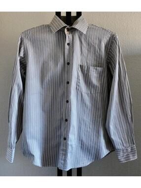Bugatchi Mens Dress Shirt Size L Tan White Stripe 100% Cotton Button Front